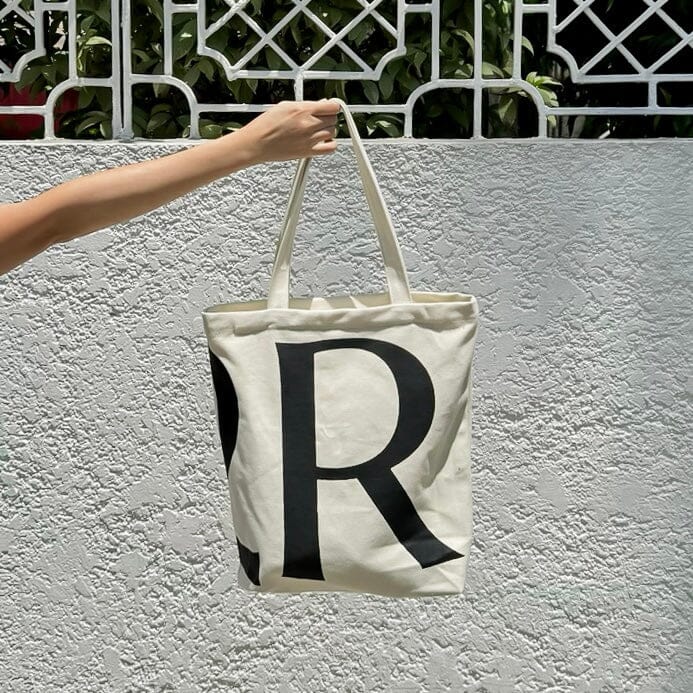R2R Tote Bag Black on Beige Lifestyle Rags2Riches