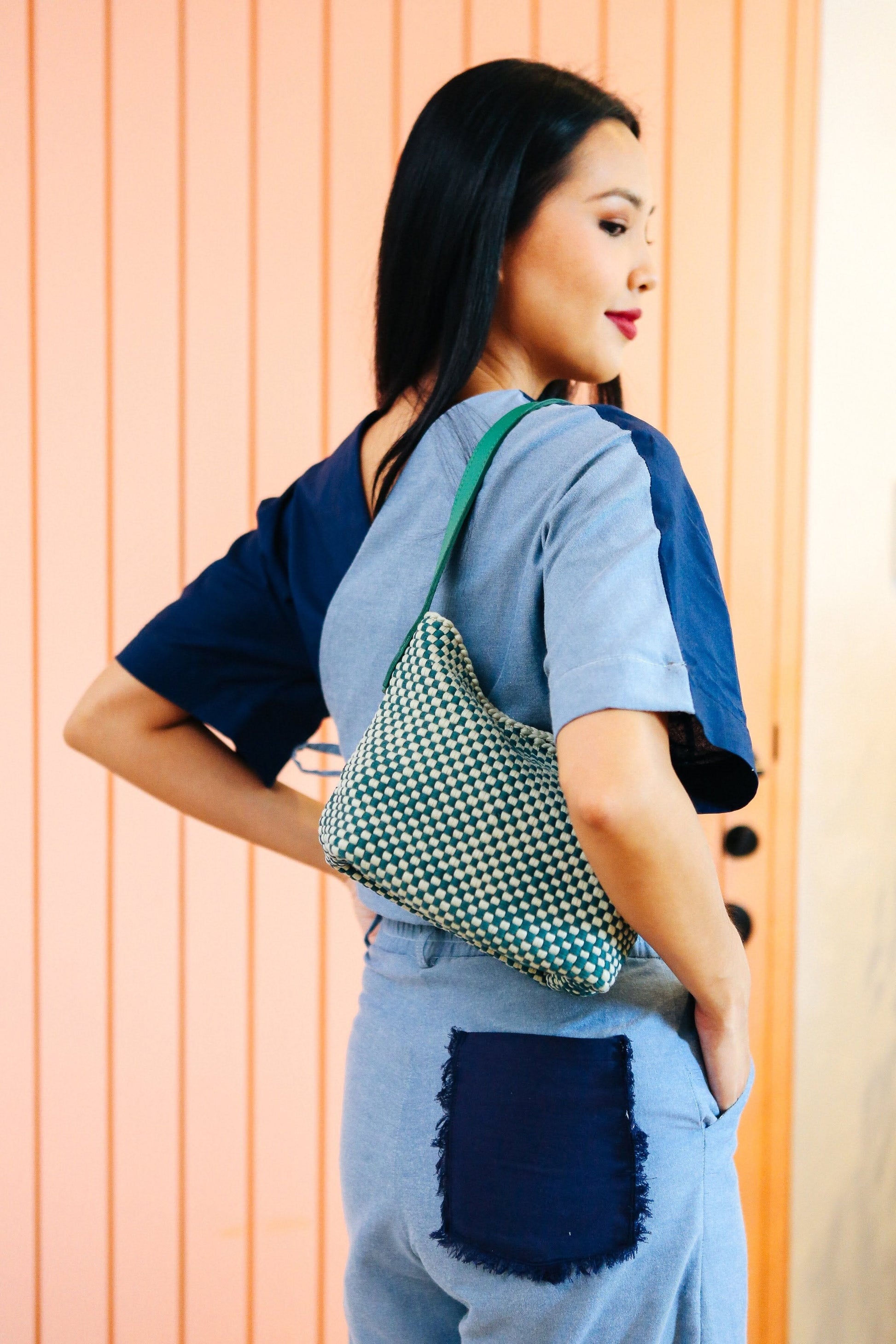 Buslo Micro Checkerboard Emerald & Sage with Longer Handles Fashion Rags2Riches