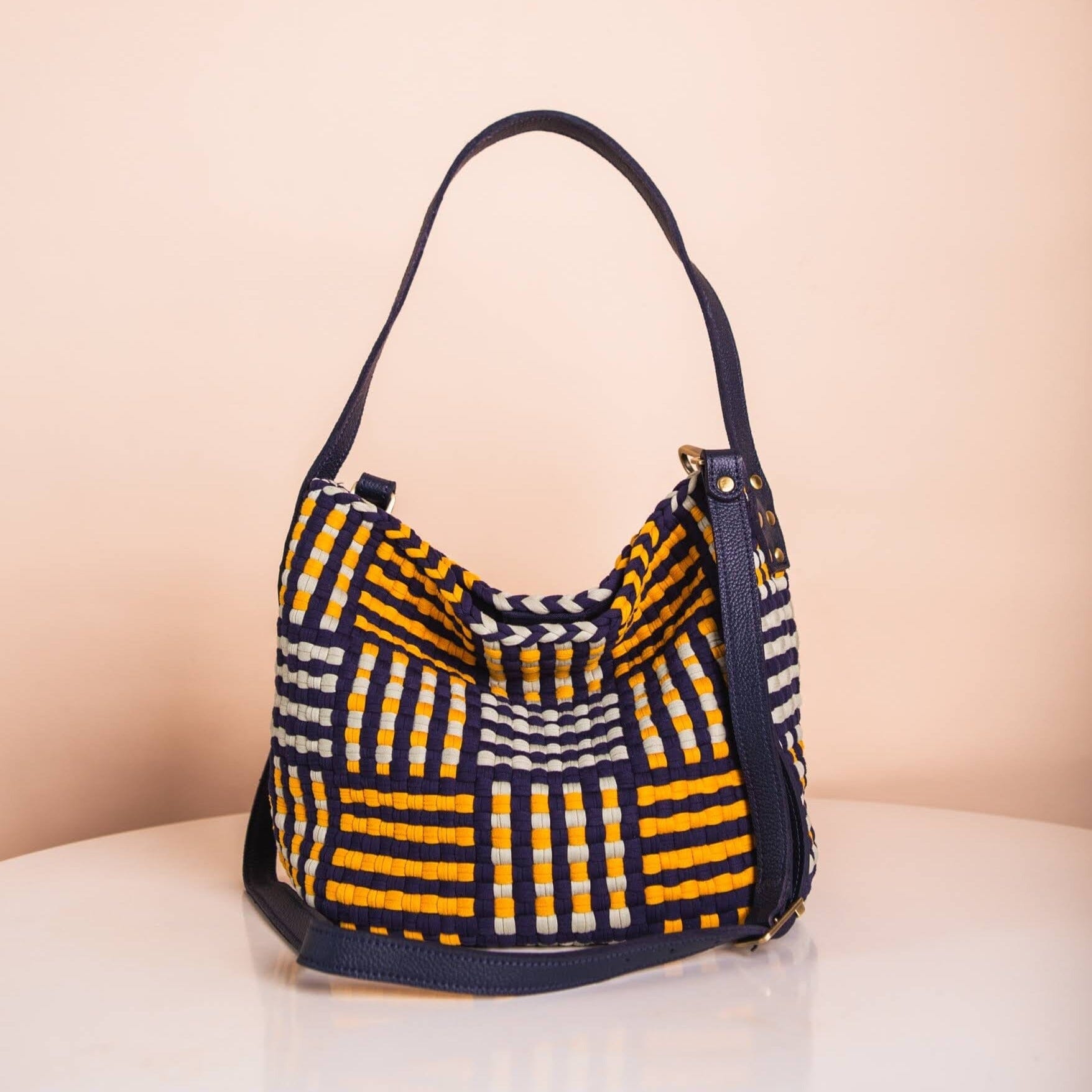 Buslo Mini Mat Pattern Navy & Yellow with Longer Handle Fashion Rags2Riches