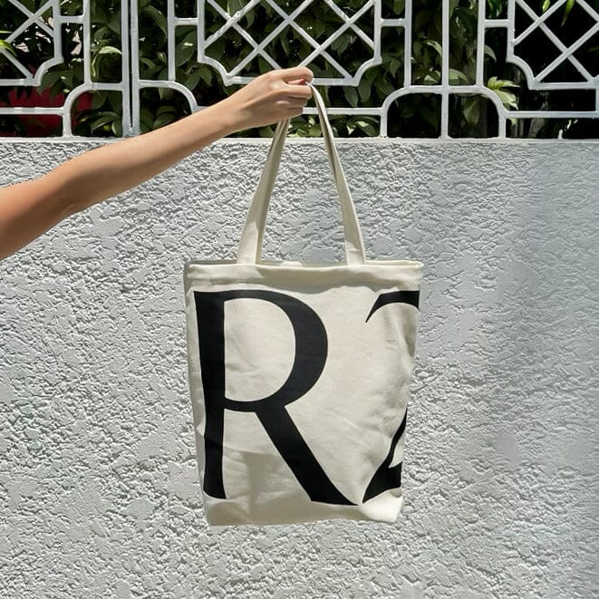 R2R Tote Bag Black on Beige Lifestyle Rags2Riches