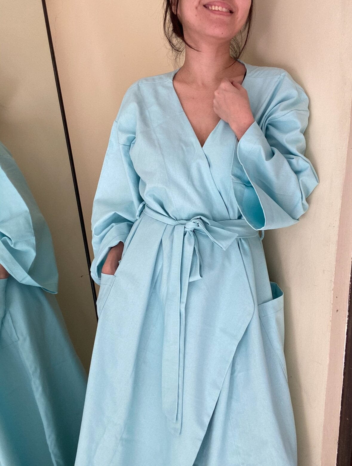 [RE - LOVE] Linen Lounge Robe (Short) - Light Blue Fashion Rags2Riches