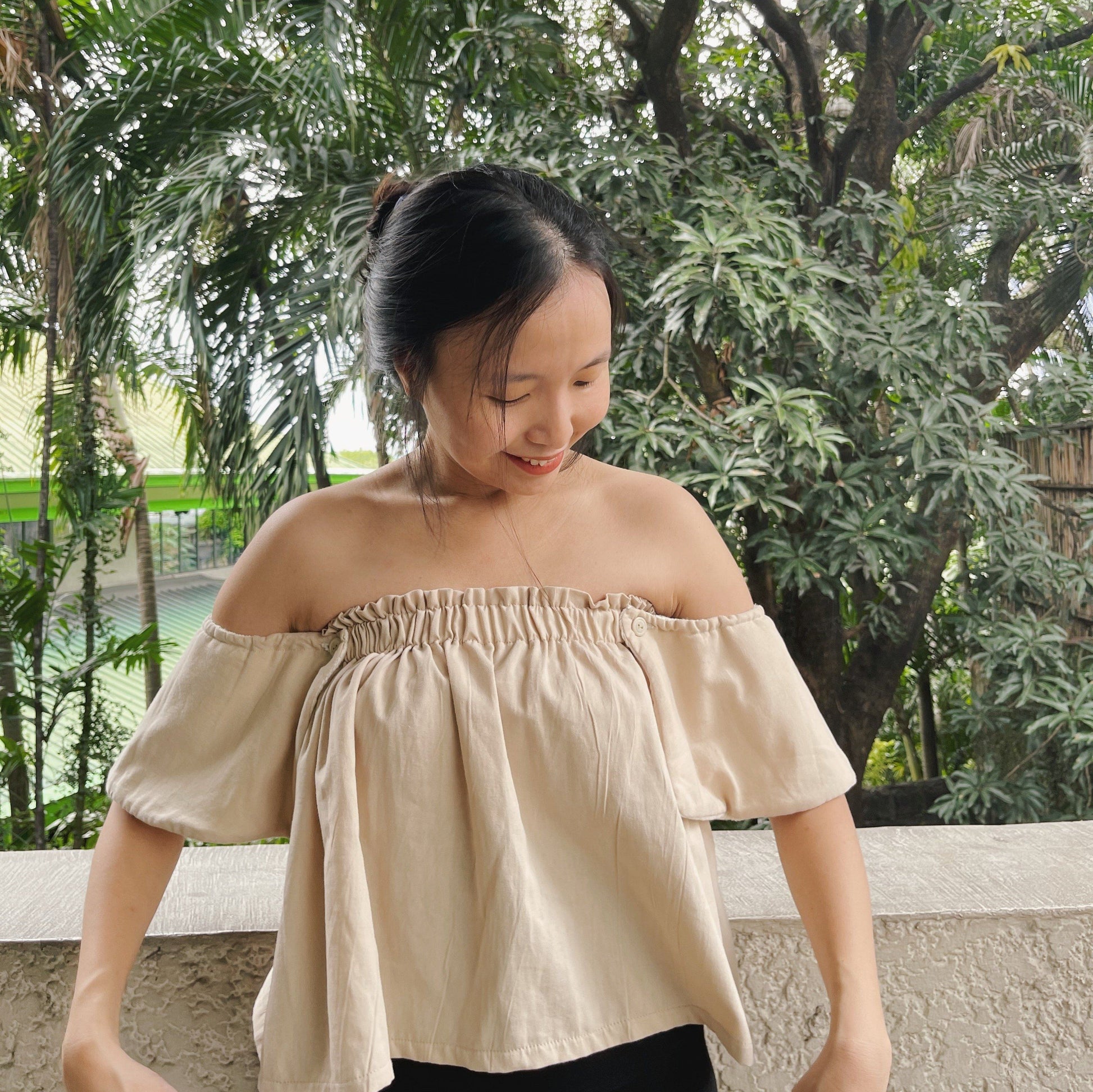 On-Off Shoulder Top Beige with Pinilian Beige Fashion Rags2Riches