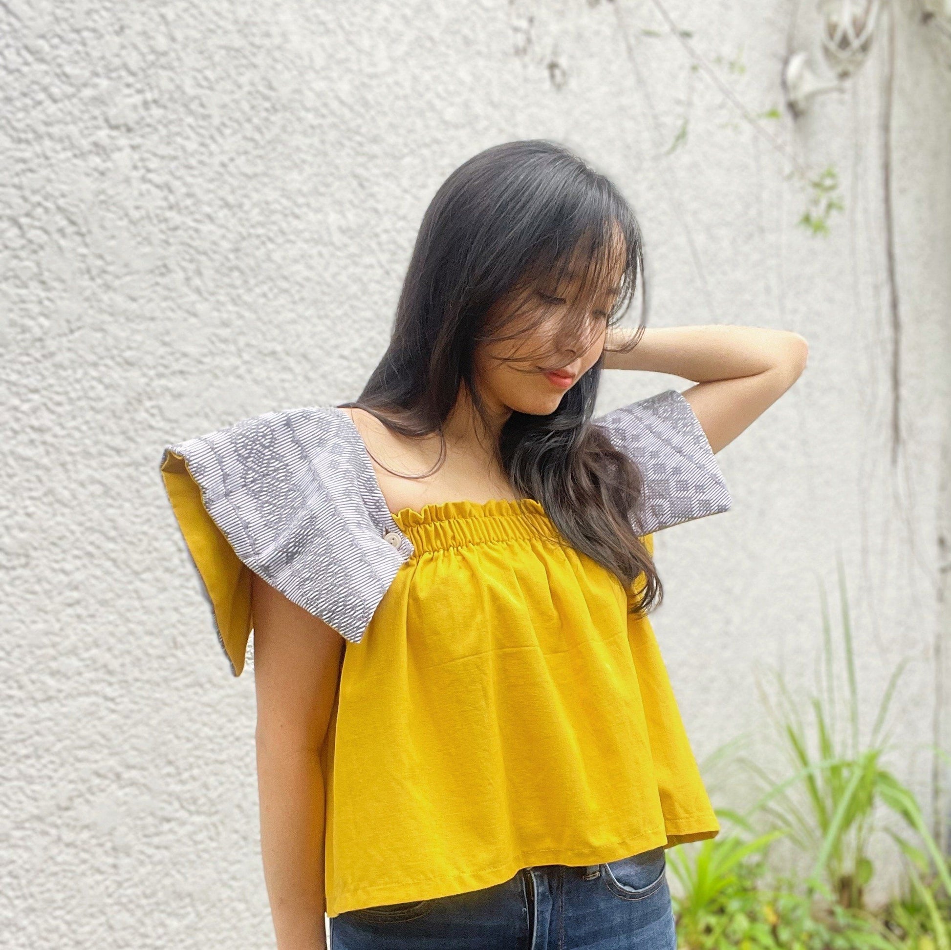 On-Off Shoulder Top Mustard in Pinilian Diamond Fashion Rags2Riches