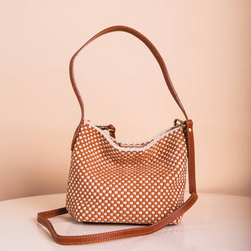 [Ready Today] Buslo Micro Checkerboard Tan & Beige with Longer Handles Fashion Rags2Riches