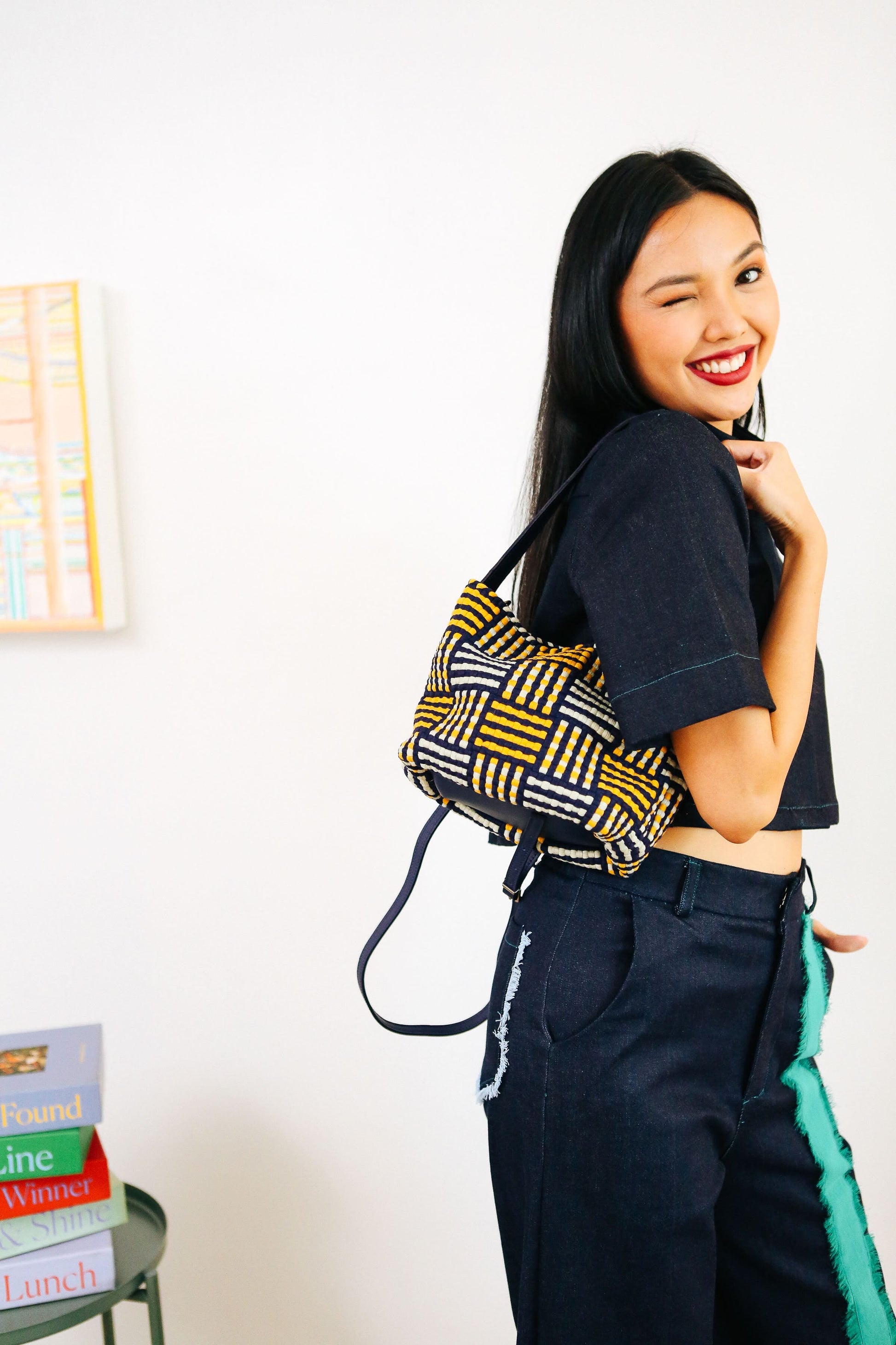 [Ready Today] Buslo Micro Mat Pattern Navy & Yellow with Longer Handle Fashion Rags2Riches