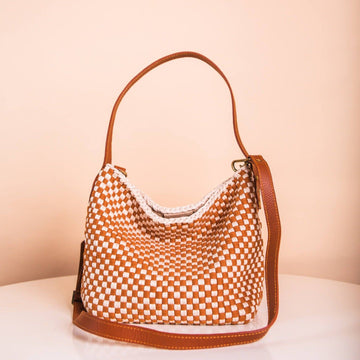 [Ready Today] Buslo Mini Checkerboard Tan & Beige with Longer Handle Fashion Rags2Riches