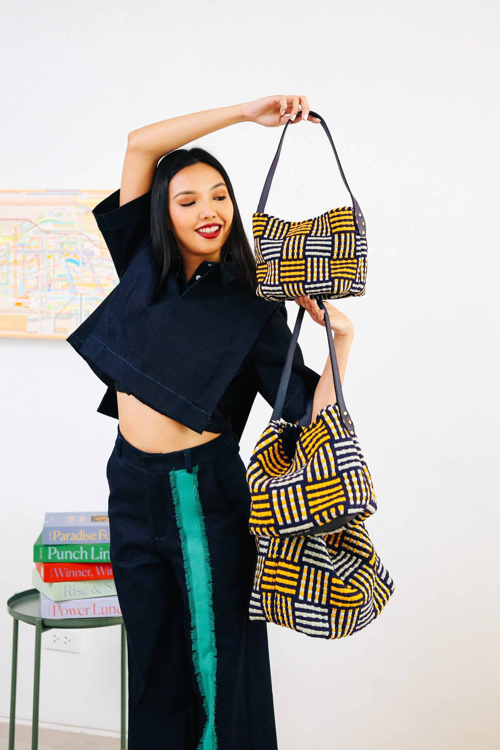 [Ready Today] Buslo Mini Mat Pattern Navy & Yellow with Longer Handle Fashion Rags2Riches