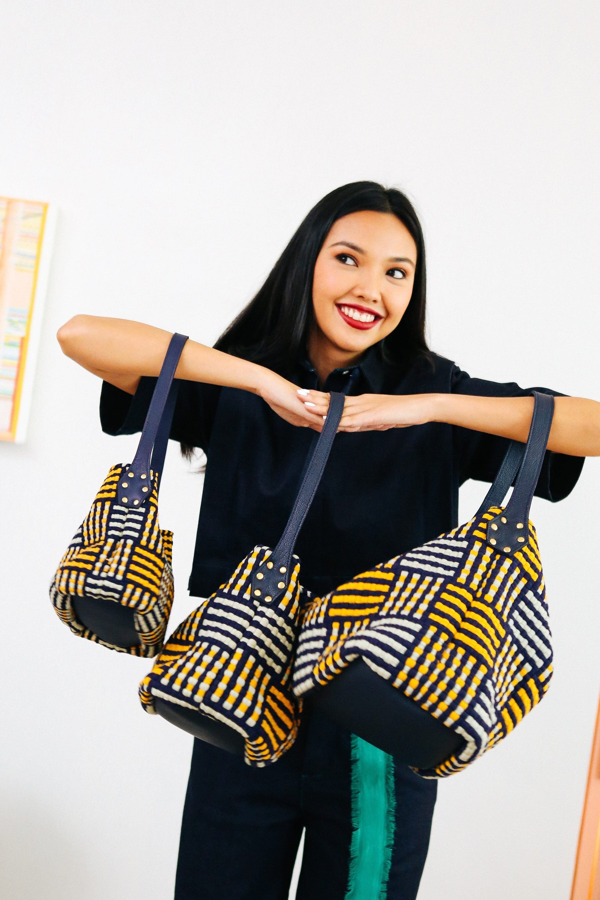 [Ready Today] Buslo Mini Mat Pattern Navy & Yellow with Longer Handle Fashion Rags2Riches