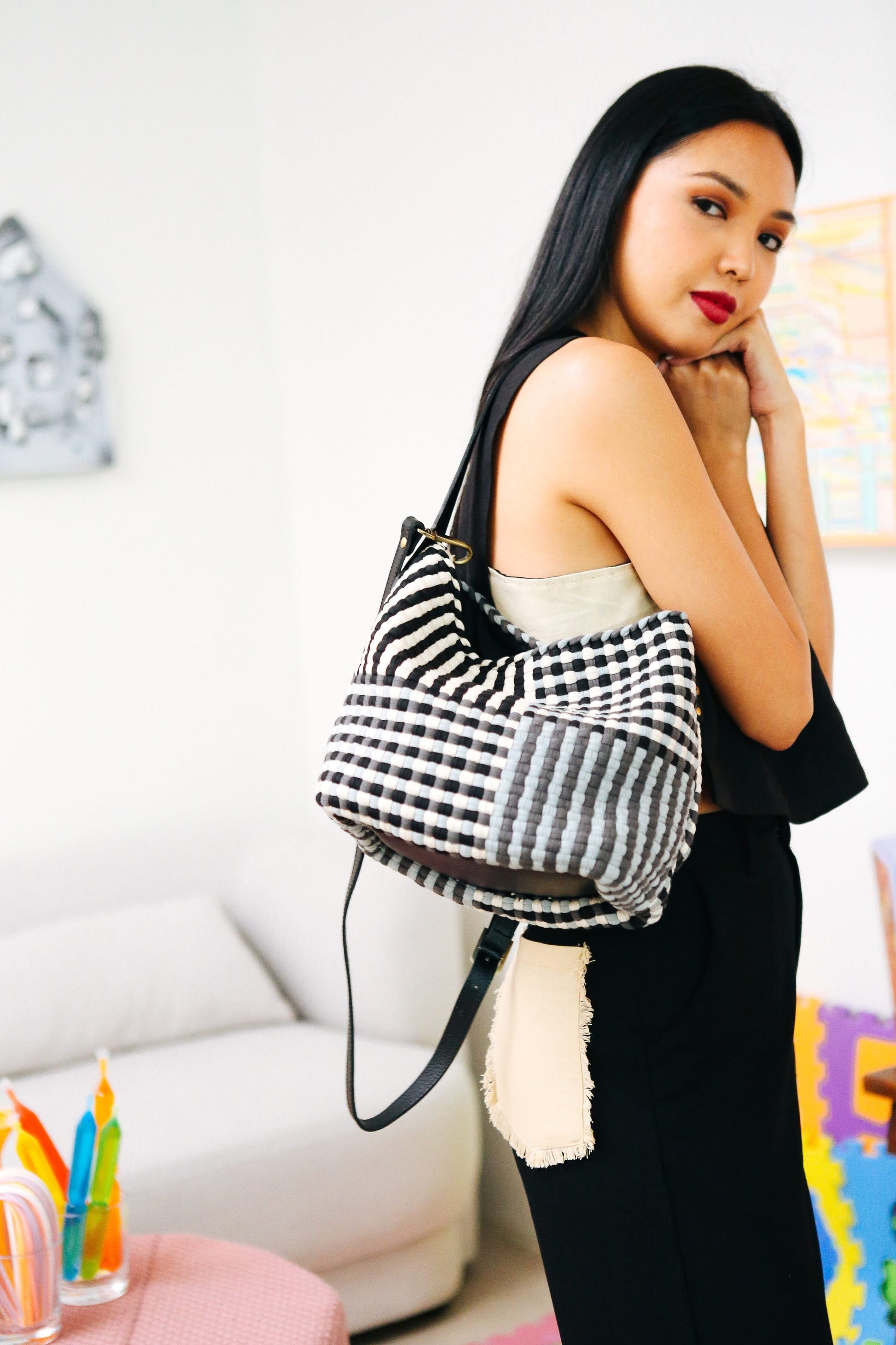 [Ready Today] Buslo Mini Stripe & Checkerboard Neutral with Longer Handle Fashion Rags2Riches